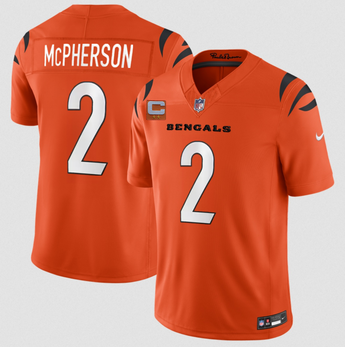 Men's Cincinnati Bengals #2 Evan McPherson Orange 2026 F.U.S.E. 2-Star C Patch Vapor Untouchable Limited Stitched Football Jersey